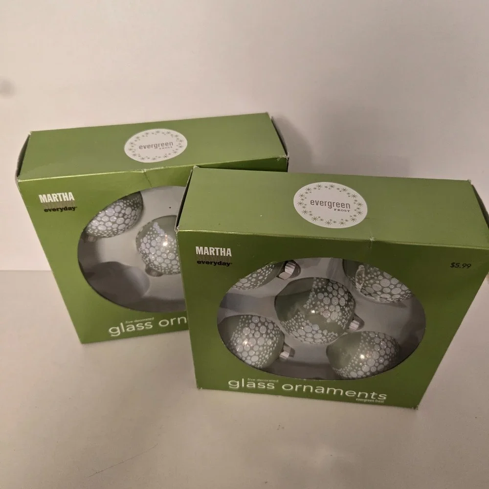 Martha Stewart 2 Boxes Glass Ornaments 10 Evergreen Frost Balls 2005 Everyday